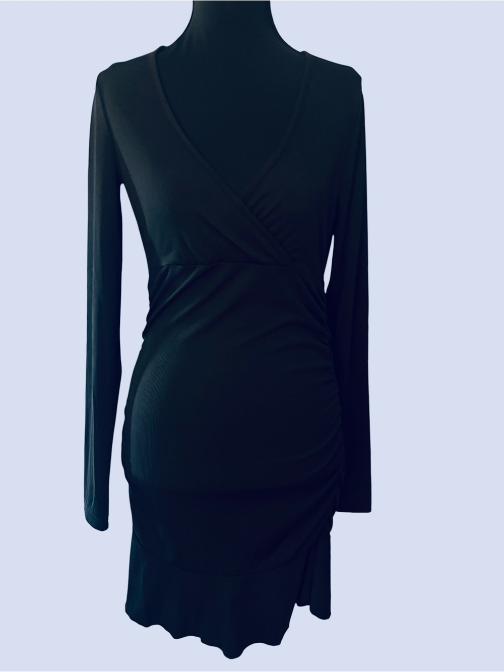 Black Long-Sleeve Wrap Ruched Mini Dress Size Small